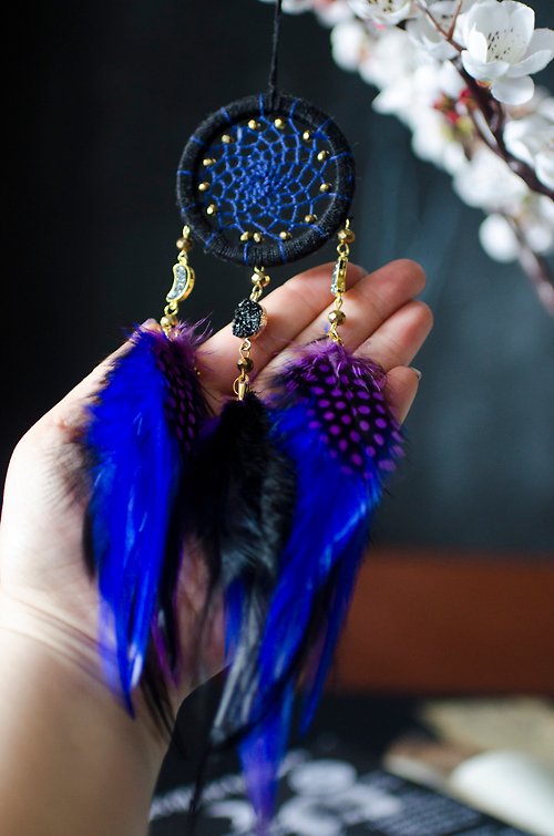 VIDADREAMS Triple Moon Dreamcatcher Black Purple Blue Feather | Car Rear View Mirror Charm