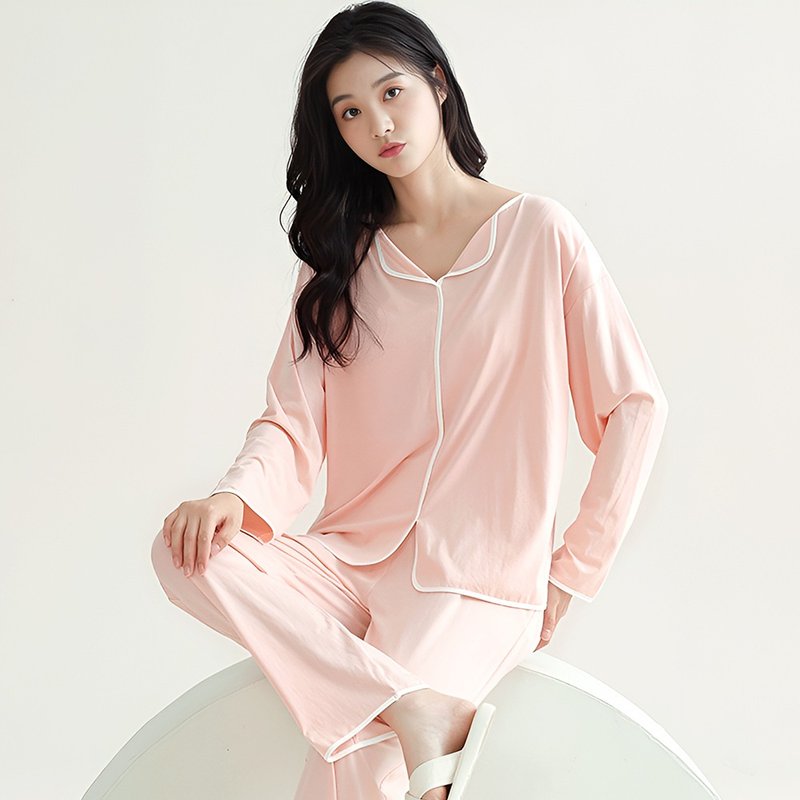 Pink Lady cup-style modal long-sleeved pajamas, elegant dream piping plain home wear - ชุดนอน/ชุดอยู่บ้าน - ไฟเบอร์อื่นๆ สึชมพู