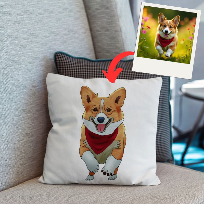 Custom Pet Photo to Drawing Pillow Dogs Cat Puppy Kitten Birthday Cushion - Pillows & Cushions - Other Man-Made Fibers White