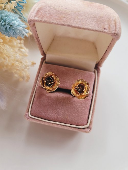Hale黑爾典藏西洋古董 美國西洋古董飾品 / 金玫瑰萊茵夾式耳環/復古老件珠寶