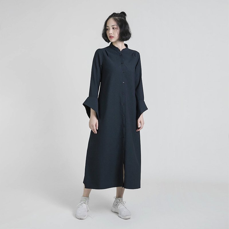 Jung 榮格毛料造型洋裝_8AF102_丈青 - 洋裝/連身裙 - 棉．麻 藍色