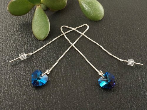 AGATIX Blue Indigo Heart Swarovski Crystal Ear Threaders Long Chain Earrings Jewelry