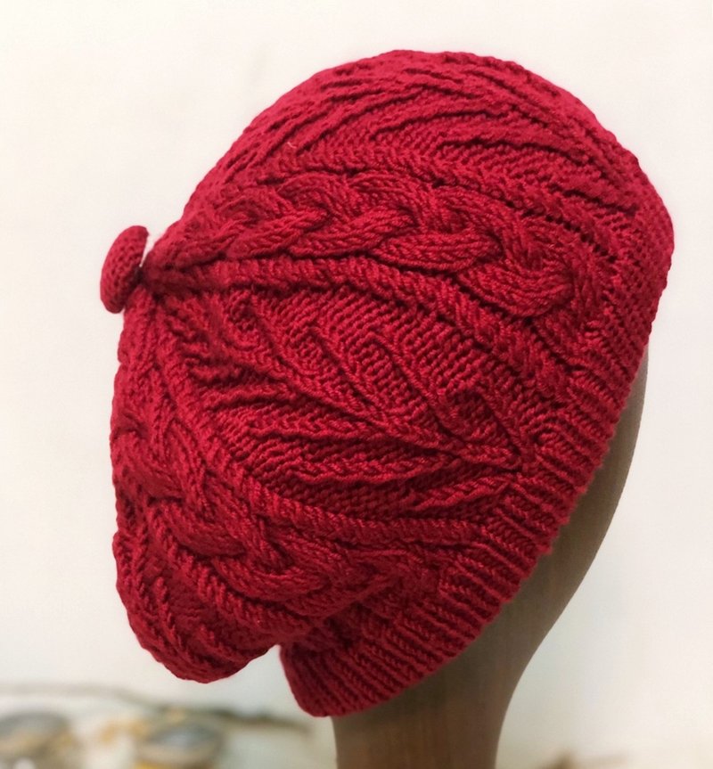 ChiChi Hand-made-Twisted Woolen Hat/Beret-Woolen Knitted Woolen Hat [Non-Prickly Series] - หมวก - ขนแกะ สีแดง