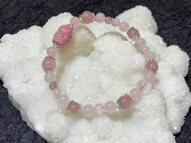 Fast shipping natural stone rhodonite pink crystal Pixiu bracelet 925 Silver accessories - Bracelets - Crystal Pink