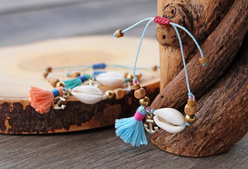 Sea shell with anchor and blue pink tassel beach bracelet - Bracelets - Polyester Blue