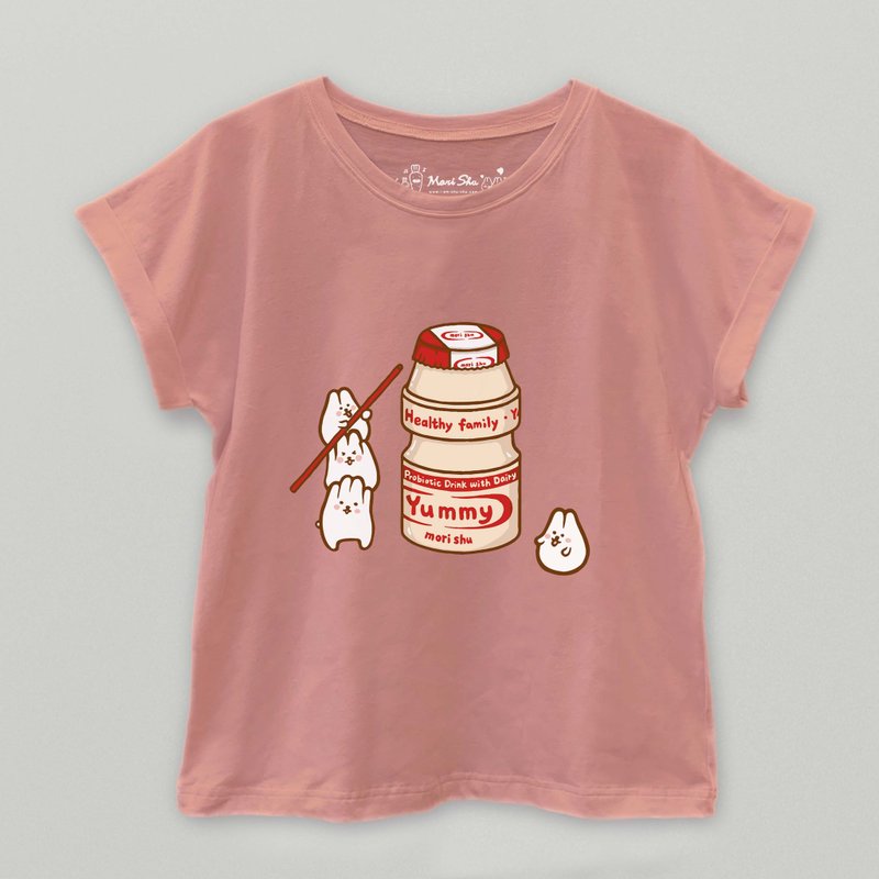 麻糬兔多多Yakult T-shirt - 女上衣/長袖上衣 - 棉．麻 粉紅色