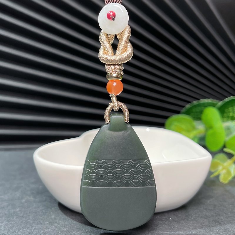 Hetian jade pagoda green fine material, ride the wind and break the waves, wave pattern, safe and sound brand pendant necklace with coffee color hand-knitted rope - สร้อยคอ - หยก สีเขียว