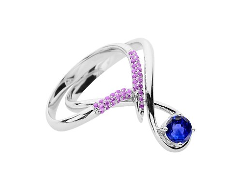 Majade Jewelry Design 藍寶石14k白金紫晶結婚戒指組合 水滴形求婚戒指 流星訂婚套裝