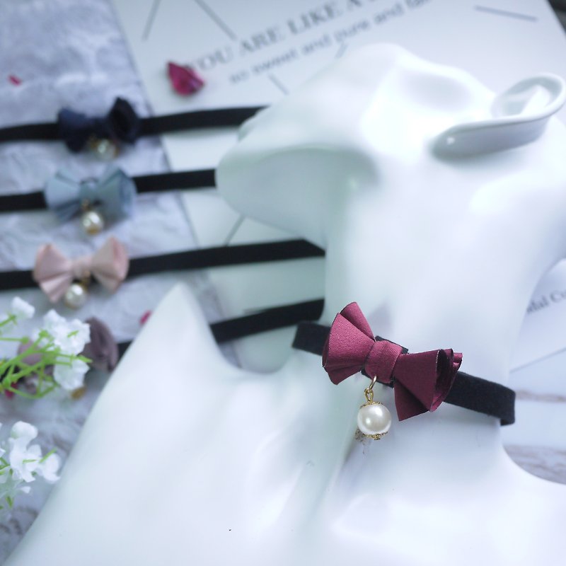 Playful little pearl bow tie choker. Small bow【Panna Cotta】 - Collar Necklaces - Polyester Pink