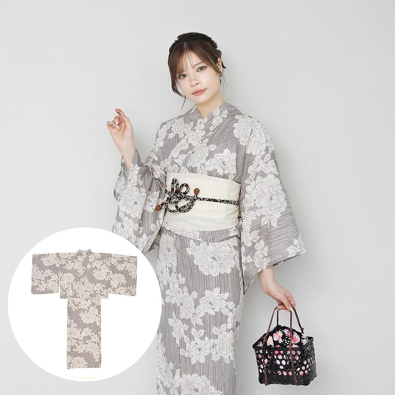 Women's two-piece yukata and obi set, size F x14h-21 - อื่นๆ - ผ้าฝ้าย/ผ้าลินิน ขาว