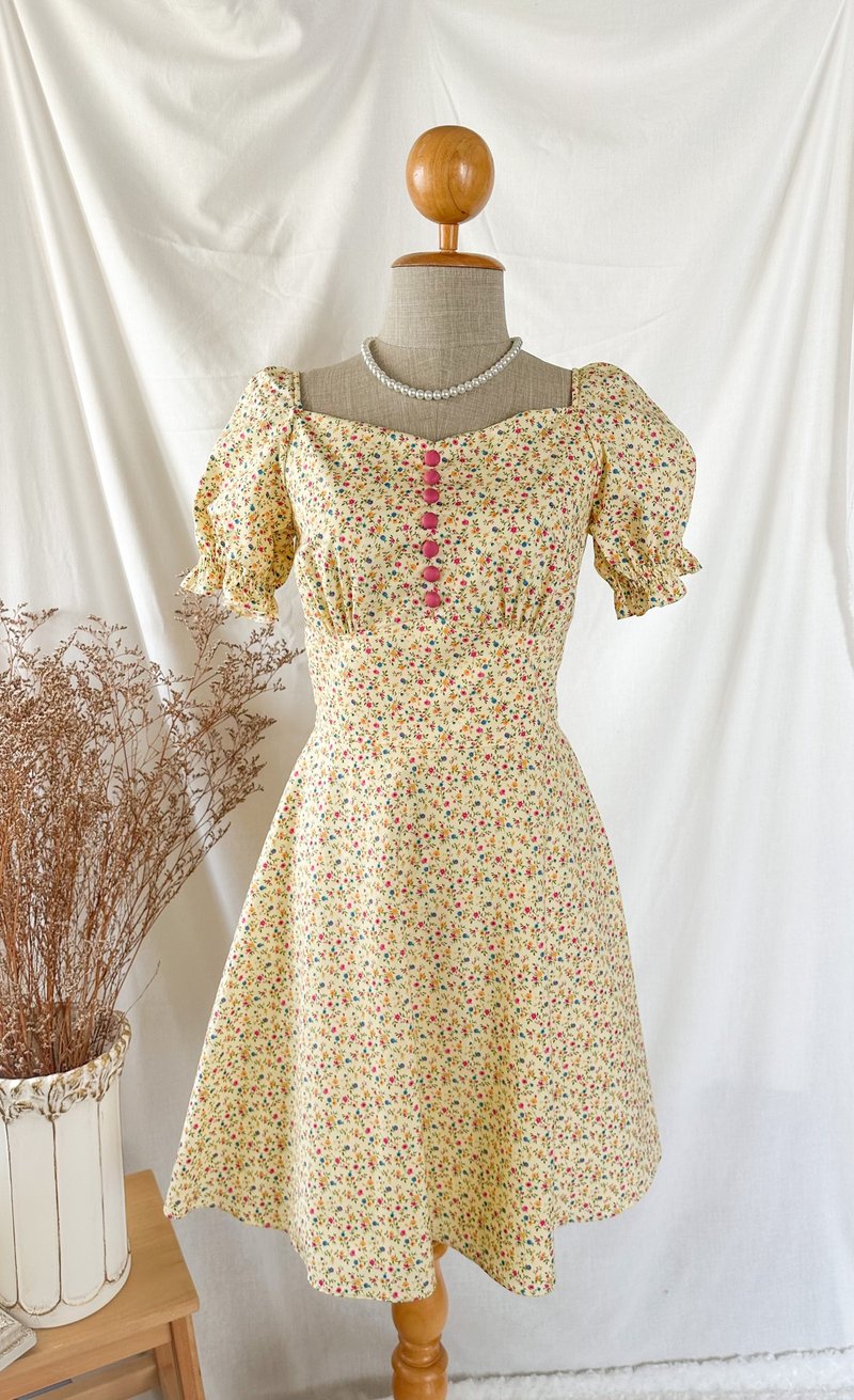 Yellow floral dress summer style sundress puff sleeve vintage retro women dress - 洋裝/連身裙 - 聚酯纖維 黃色