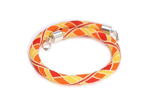 KittenUmka Bead Crocheted Necklace Seed Bead Necklace Red Orange Choker Fashion Necklace