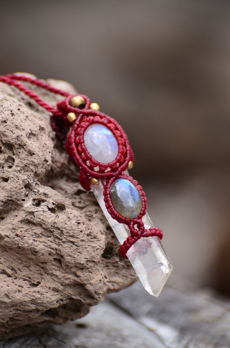 Clear Crystal & Moonstone Macrame Pendant - Necklaces - Gemstone White