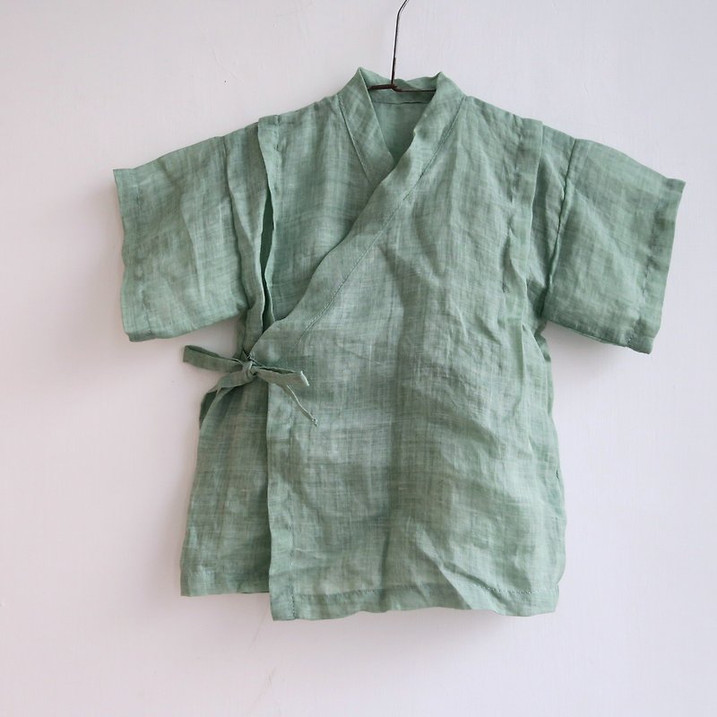 福利品 | 成長過渡調整型綁帶日式甚平兒童上衣 |  純麻 | 初芽綠 - 其他 - 棉．麻 綠色