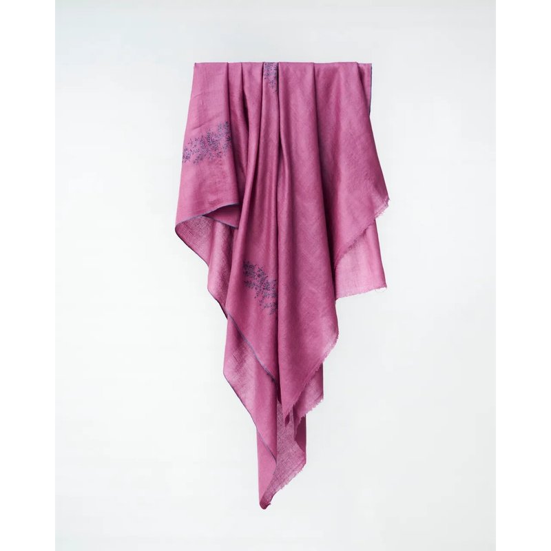 ピンクの花柄手刺繍 / カシミール手織りストール 100%パシュミナ - マフラー・ストール - ウール ピンク