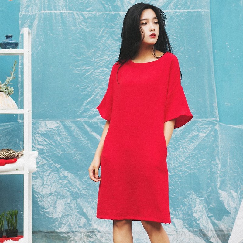 Annie Chen original design 2016 summer new solid literary roots fifth sleeve round neck dress hedging sale 4 days - ชุดเดรส - ผ้าฝ้าย/ผ้าลินิน สีแดง