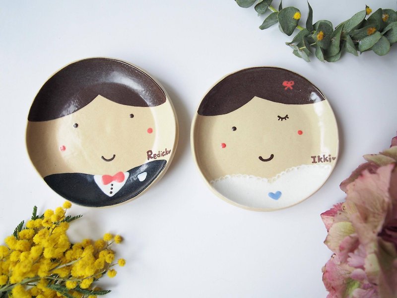 ดินเผา เซรามิก สีนำ้ตาล - Sweet couple wedding plate set (named version) will be shipped in January