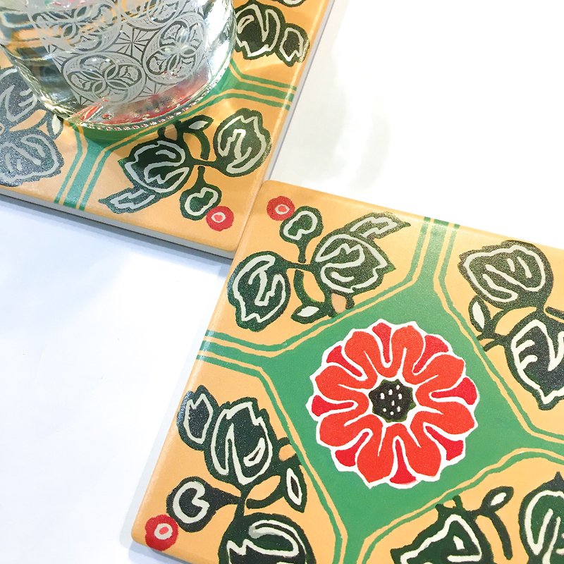 Oriental series Coasters【Prosperity】 - Coasters - Pottery Orange