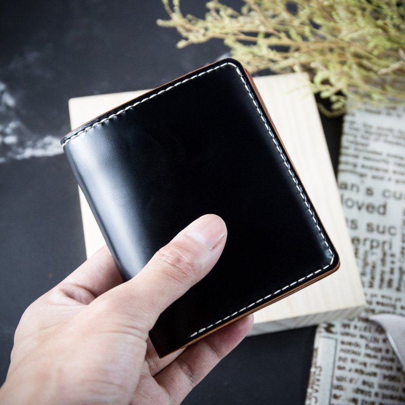 【客製化禮物】【直立式皮夾、銀包】黑色Cordovan馬臀皮 刻字 Mi - 錢包/皮夾/長短夾 - 真皮 多色