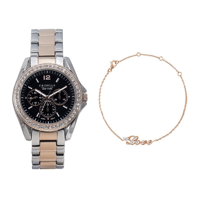 【禮盒】經典時尚鋯石石英女手錶 + Love 手鏈 - 女錶 - 其他金屬 多色