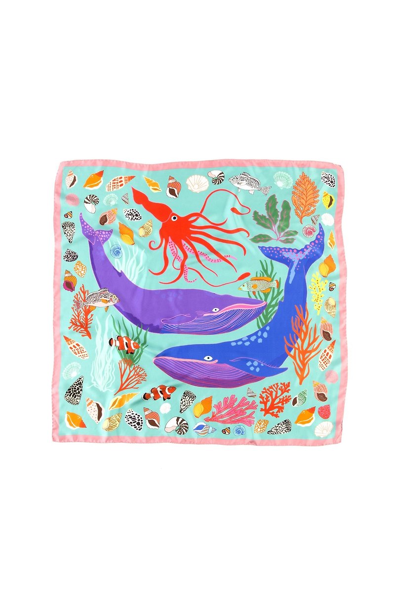 Squid and whale silk scarf - ผ้าพันคอ - ผ้าไหม สีน้ำเงิน