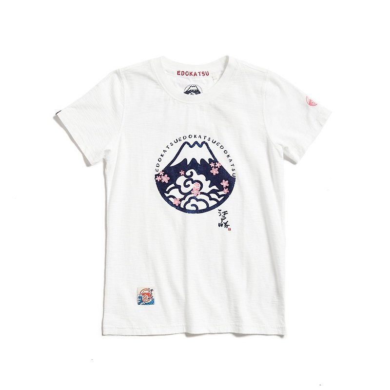 Edo Katsu Japanese style Mount Fuji Sakura LOGO short-sleeved T-shirt - Women's (off-white) #Top - เสื้อยืดผู้หญิง - ผ้าฝ้าย/ผ้าลินิน ขาว