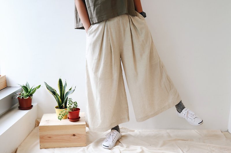 cotton and linen pants - กระโปรง - ผ้าฝ้าย/ผ้าลินิน สีกากี
