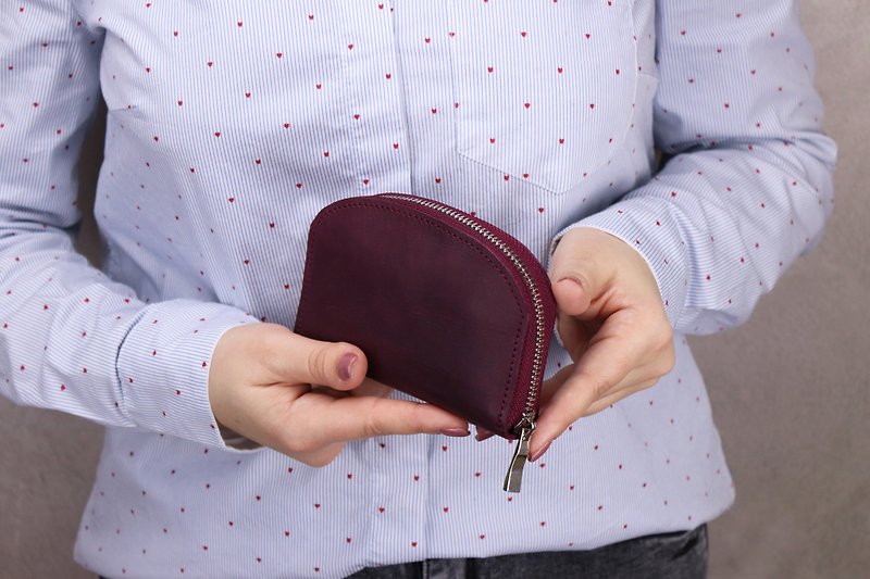 Handmade Genuine Leather Mini Wallet Zipper / Women's Simple Coin Card Purse - 銀包 - 真皮 紫色