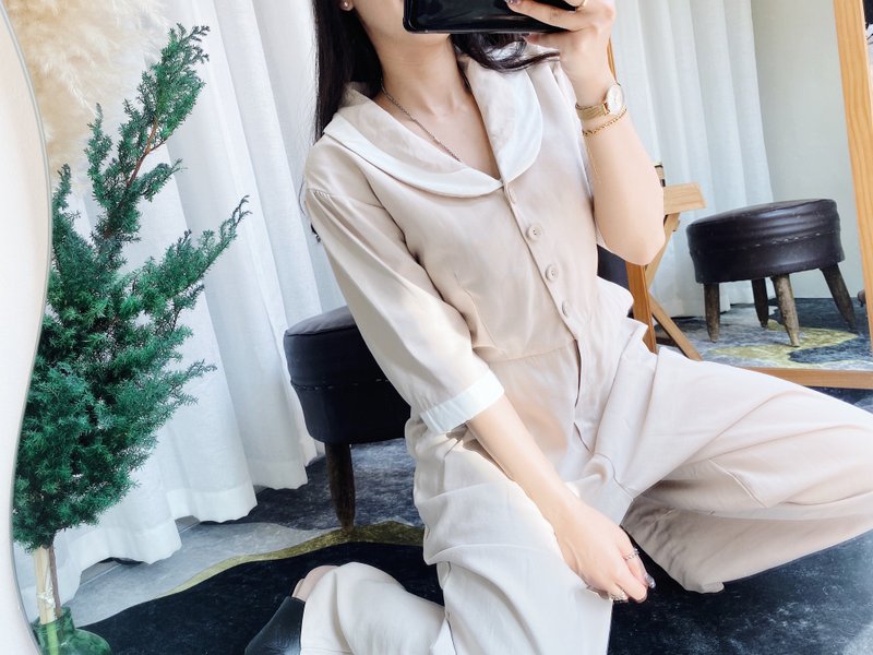 膚x白氣質水手領優雅少女 古董絲混紡質連身褲吊帶褲 overalls - 吊帶褲/連身褲 - 絲．絹 白色