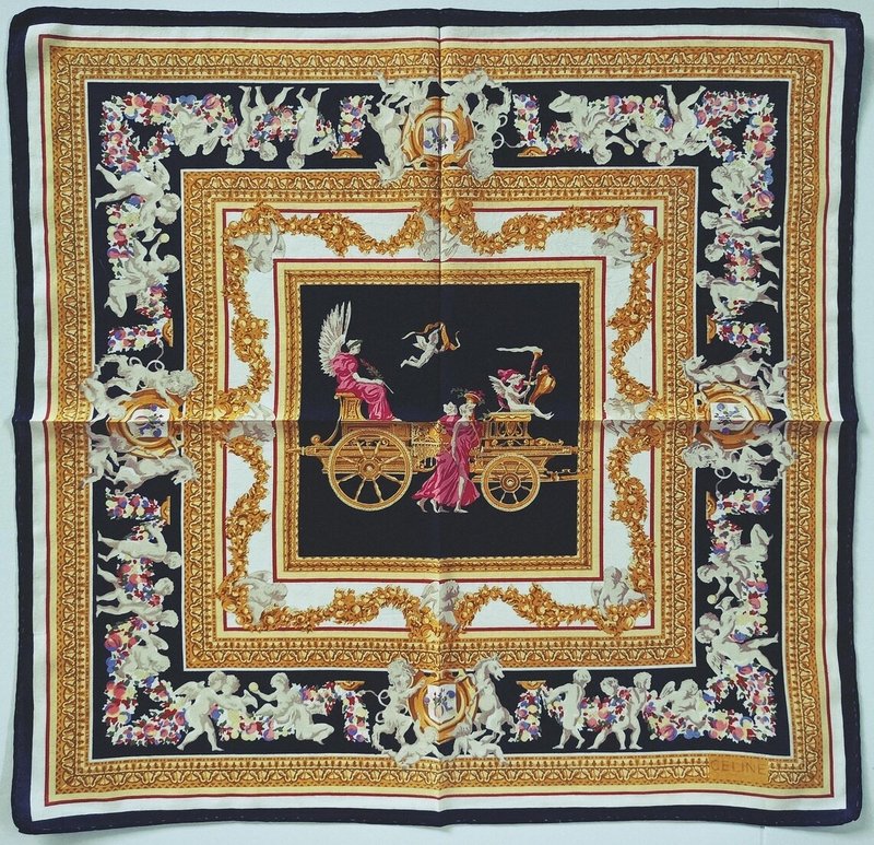 Celine Vintage Handkerchief Mythical Cupids Floral Baroque 21 x 20.5 inches - 手帕 - 棉．麻 橘色
