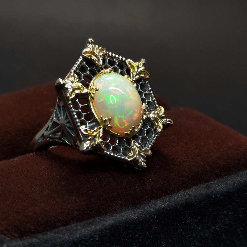 Opal Signet Ring 14KYG.S925 - Snowflake Reliefs Tulle Lace Openwork Design - แหวนทั่วไป - เครื่องประดับพลอย สีกากี