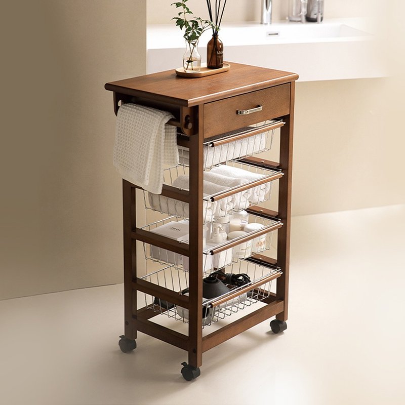 Japanese Frost Mountain retro-style wooden five-layer storage trolley/dining cart (with drawers)-DIY - กล่องเก็บของ - ไม้ สีนำ้ตาล