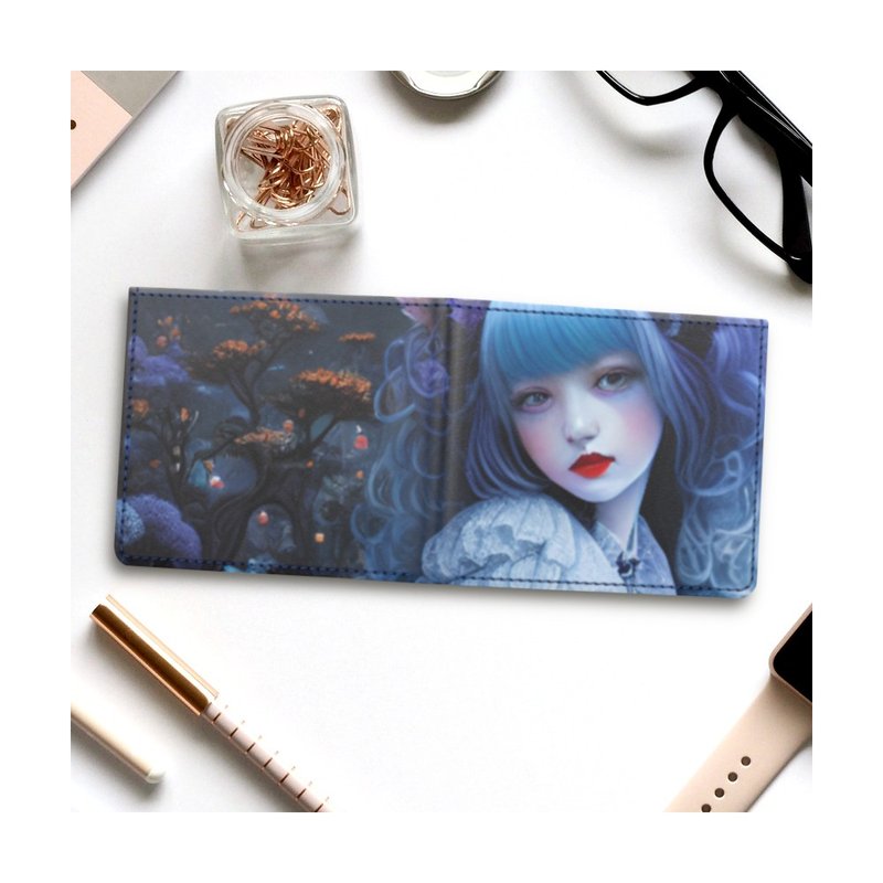 A cute girl with black cat ears and blue hair in a gothic maid outfit. Bi-fold wallet made of genuine leather. - Wallets - Genuine Leather Multicolor