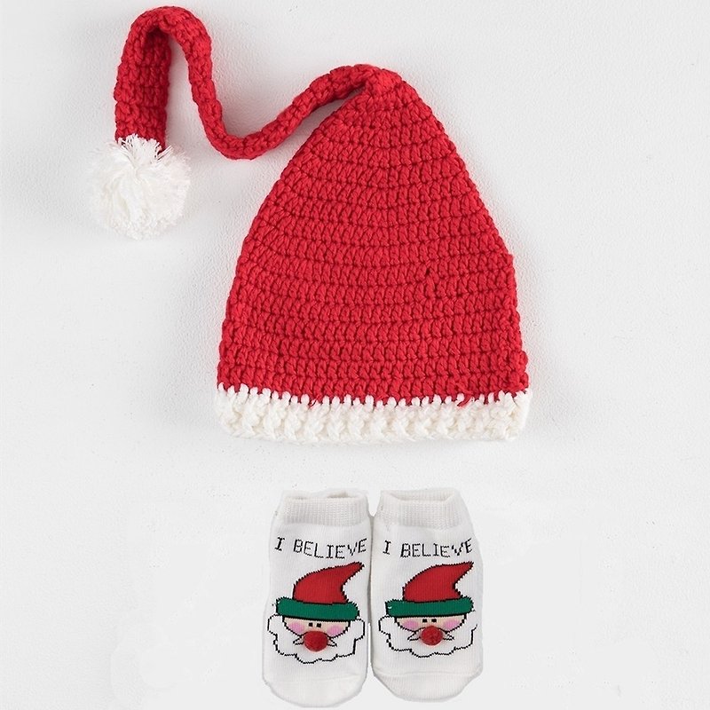 日安朵朵 寶寶嬰兒聖誕配件禮盒組 (毛帽+寶寶襪) 聖誕禮物交換 - 滿月禮物 - 棉．麻 紅色