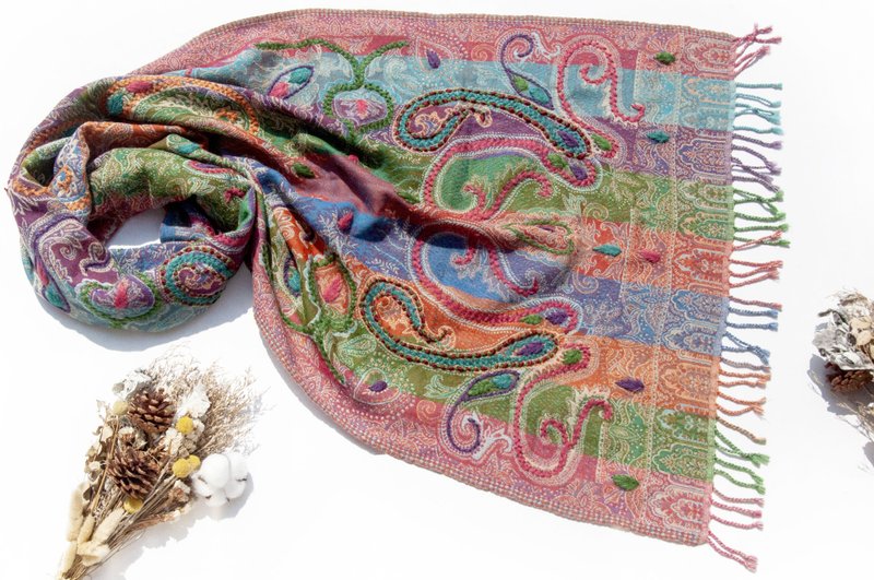喀什米爾Cashmere/水煮羊毛披肩/針織圍巾/刺繡圍巾/羊絨披巾-花 - 圍巾/披肩 - 羊毛 多色