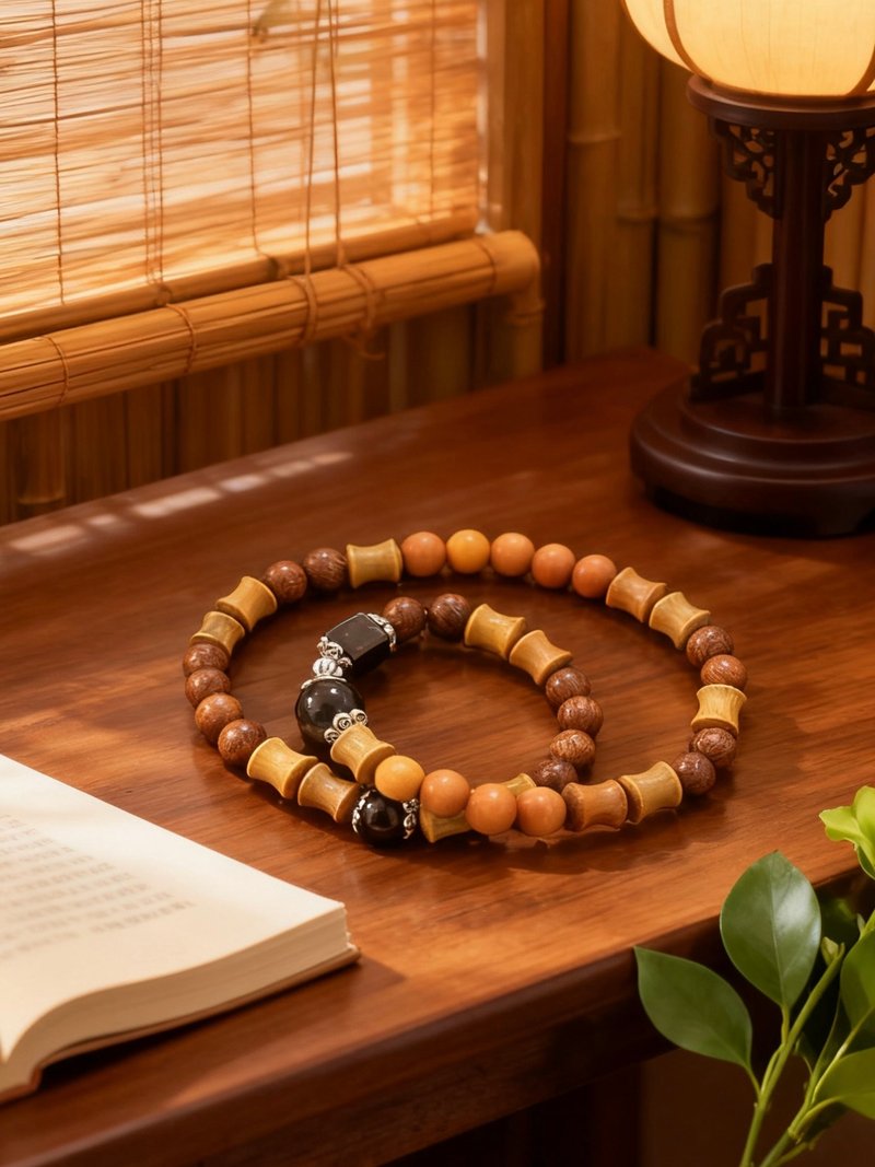 Crystal.EAA Designer Double-Wrap Bracelet Necklace: Bamboo Rhyme Perch Wood - Agarwood x Green Sandalwood x Black Sandalwood - Bracelets - Wood Brown