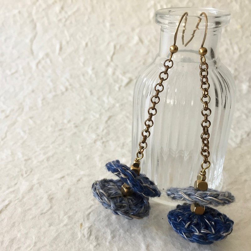 Crochet duo colour macaron dangling earrings -light and medium denim - Earrings & Clip-ons - Cotton & Hemp Blue