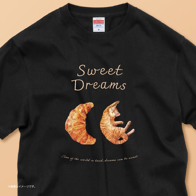 SWEET DREAMS_Cat and Croissant  / 安心のクオリティ/定番コットンTシャツ - 女 T 恤 - 棉．麻 白色