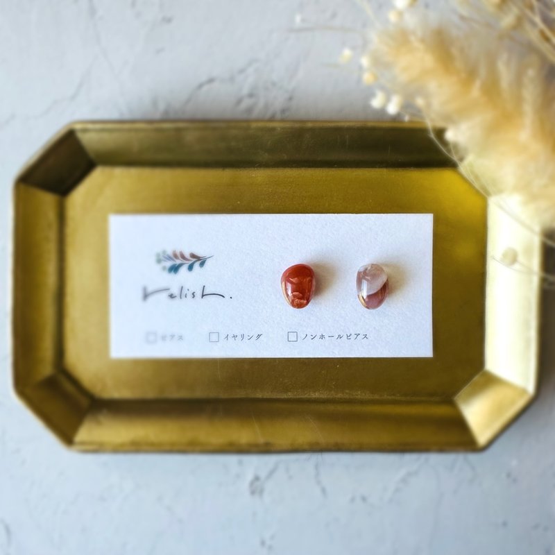 [Resale] Sardonyx Kintsugi Earrings Non- Clip-On Orange Orange Gold Natural Stone Simple Office - ต่างหู - หิน สีส้ม