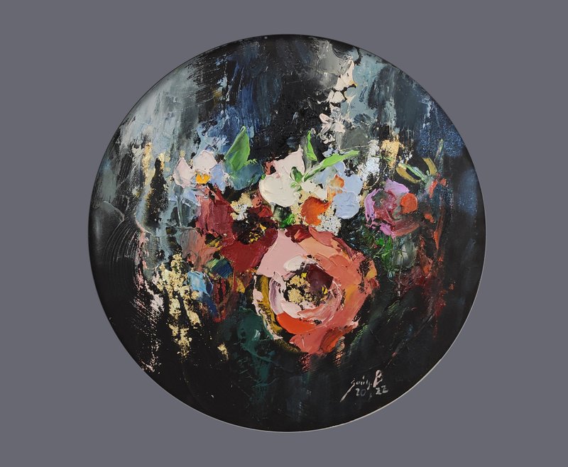 Peonies original oilpainting 牡丹花 小油画 flowers small art 抽象绘画 round canvas - 壁貼/牆壁裝飾 - 其他材質 黑色