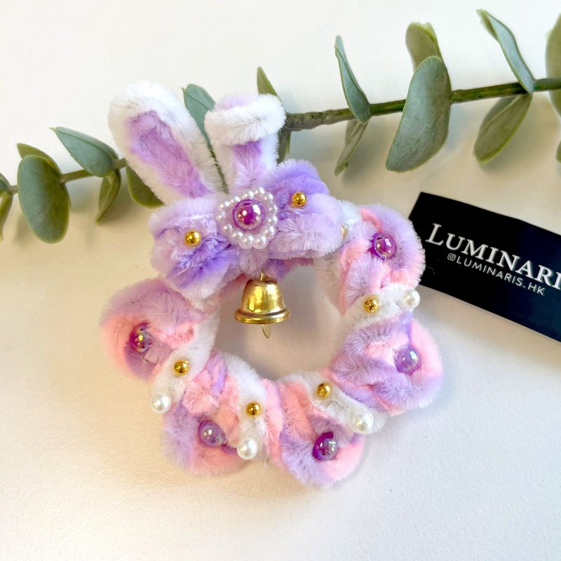 Purely handmade candy pink and purple rabbit wreath brooch - Brooches - Other Materials 