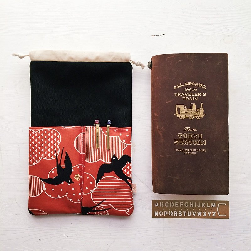 Hairmo Japanese totem bird front mouth storage bag (handbook / diary / notepad) - สมุดบันทึก/สมุดปฏิทิน - ผ้าฝ้าย/ผ้าลินิน สีดำ