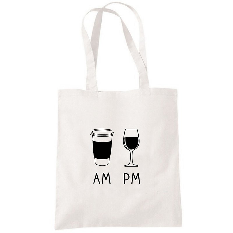 COFFEE AM WINE PM tote bag - กระเป๋าถือ - วัสดุอื่นๆ ขาว