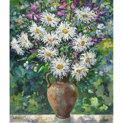 ArtDivyaGallery 用雏菊绘画 用鲜花绘画 Daisy Painting Flower Original Art Floral Oil Canvas Artwork 油畫原作