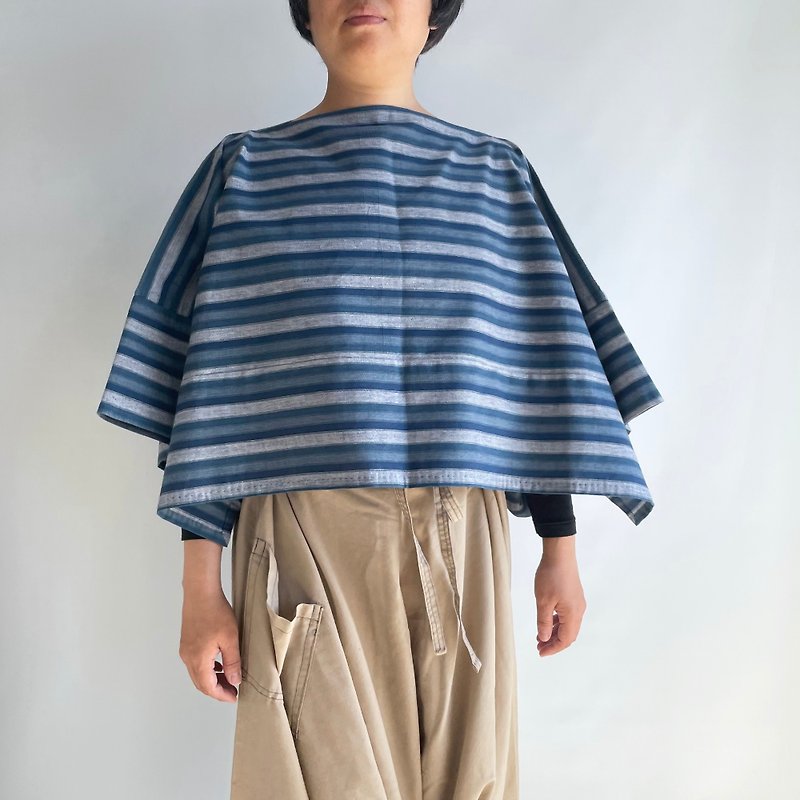 【三河木綿】ショート丈の着物袖プルオーバー 総手縫い -鰹縞 - トップス - コットン・麻 ブルー