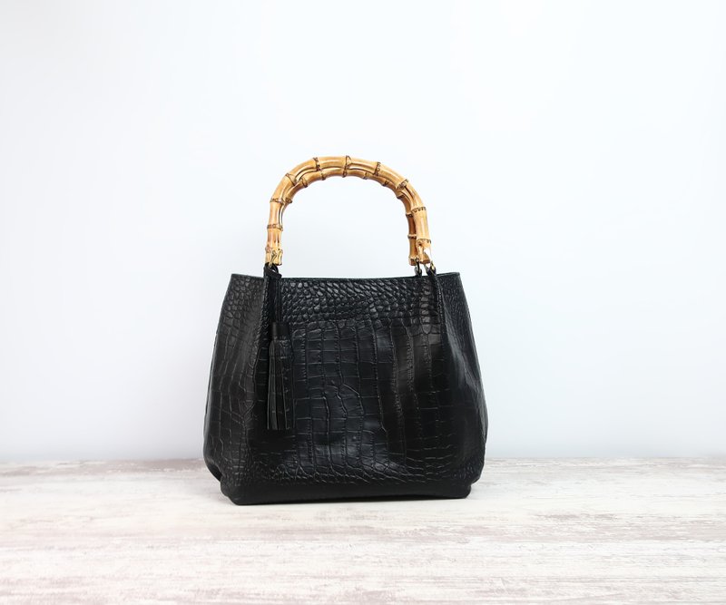 Soft tuck bamboo, M size, black, made-to-order - Handbags & Totes - Genuine Leather Black