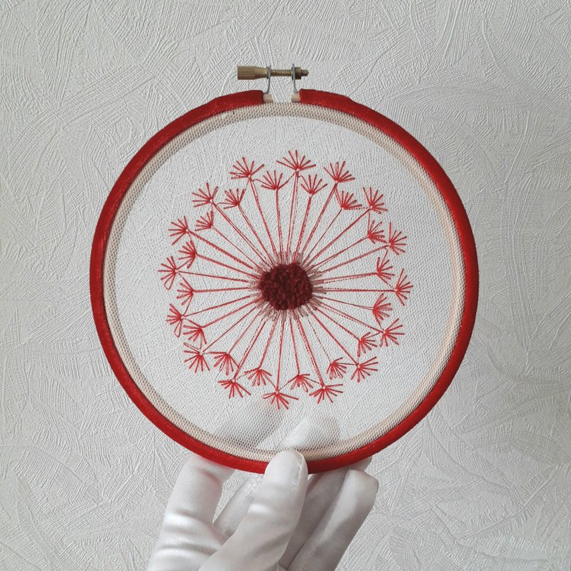 Hand embroidered dandelion on tulle, Make a Wish, red velvet hoop art, handmade - Picture Frames - Thread Red