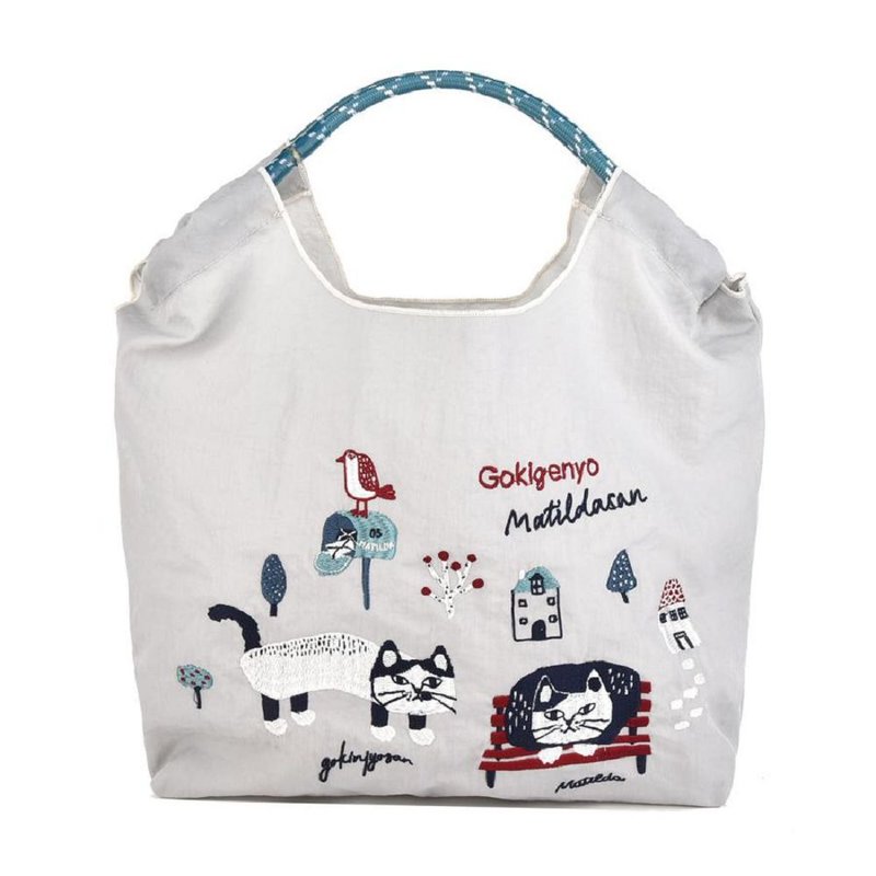 Kusuguru Japan handbag eco-friendly bag Japanese embroidered nylon shopping bag Matilda style-grey - กระเป๋าถือ - ไนลอน สีเทา