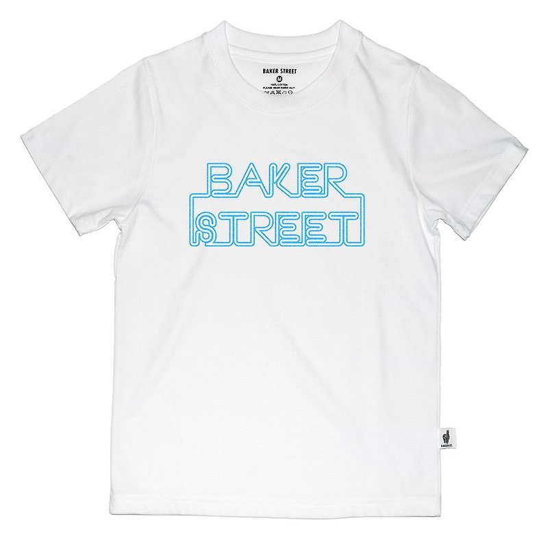 【英國 Baker Street 貝克街】童裝 - 純棉短袖T - 霓虹招牌 藍 - 男/女童裝 - 棉．麻 白色