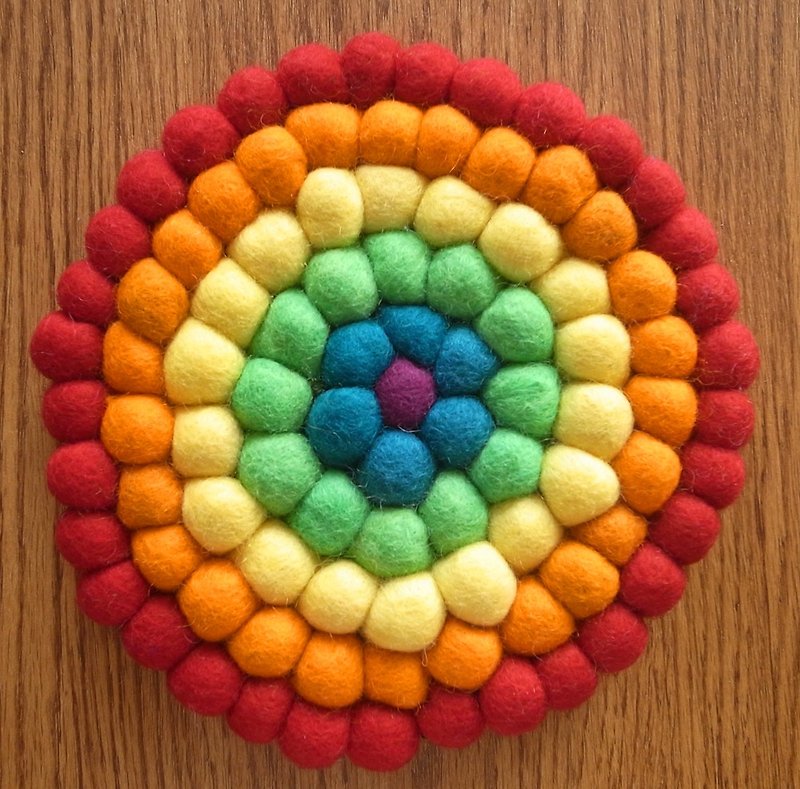 Potholder, Trivet, Pan Coaster, Pot holder, Felt ball Trivet Round 20cm Rainbow - Place Mats & Dining Décor - Wool Multicolor